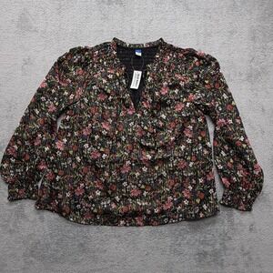 Old Navy Black Floral Button-Down Top with Pink & Green Print